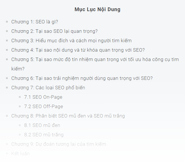 Mục lục nội dung của bài đăng hướng dẫn cơ bản về SEO dành cho người mới bắt đầu