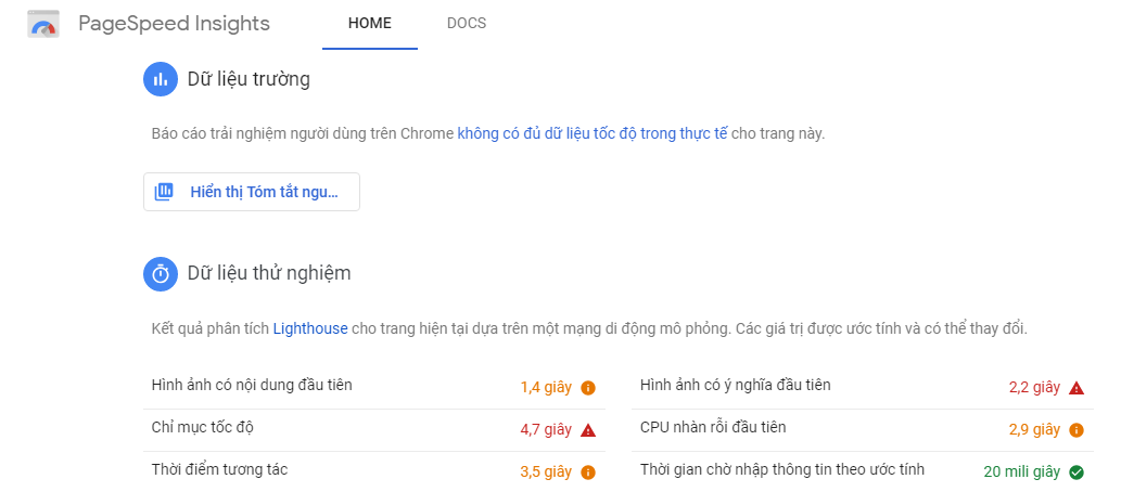 Dữ liệu thử nghiệm hiệu suất website