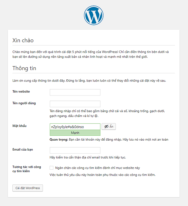 Cài đặt WordPress trong giao diện web